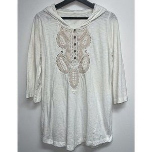 Soft Surroundings Womens Embroidered Top Size M Hooded Beaded 3/4 Sleeve Button